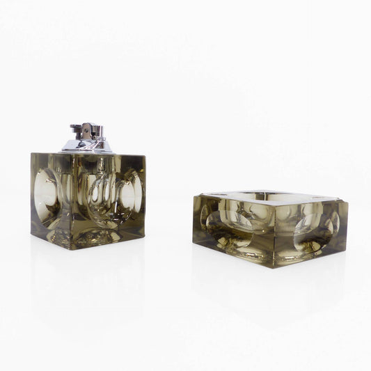 Set cendrier et briquet de table en verre de Murano fumé par Antonio Imperatore, design italien Space Age des années 1970 / Smoked Murano glass ashtray and table lighter set by Antonio Imperatore, Italian Space Age design, 1970s