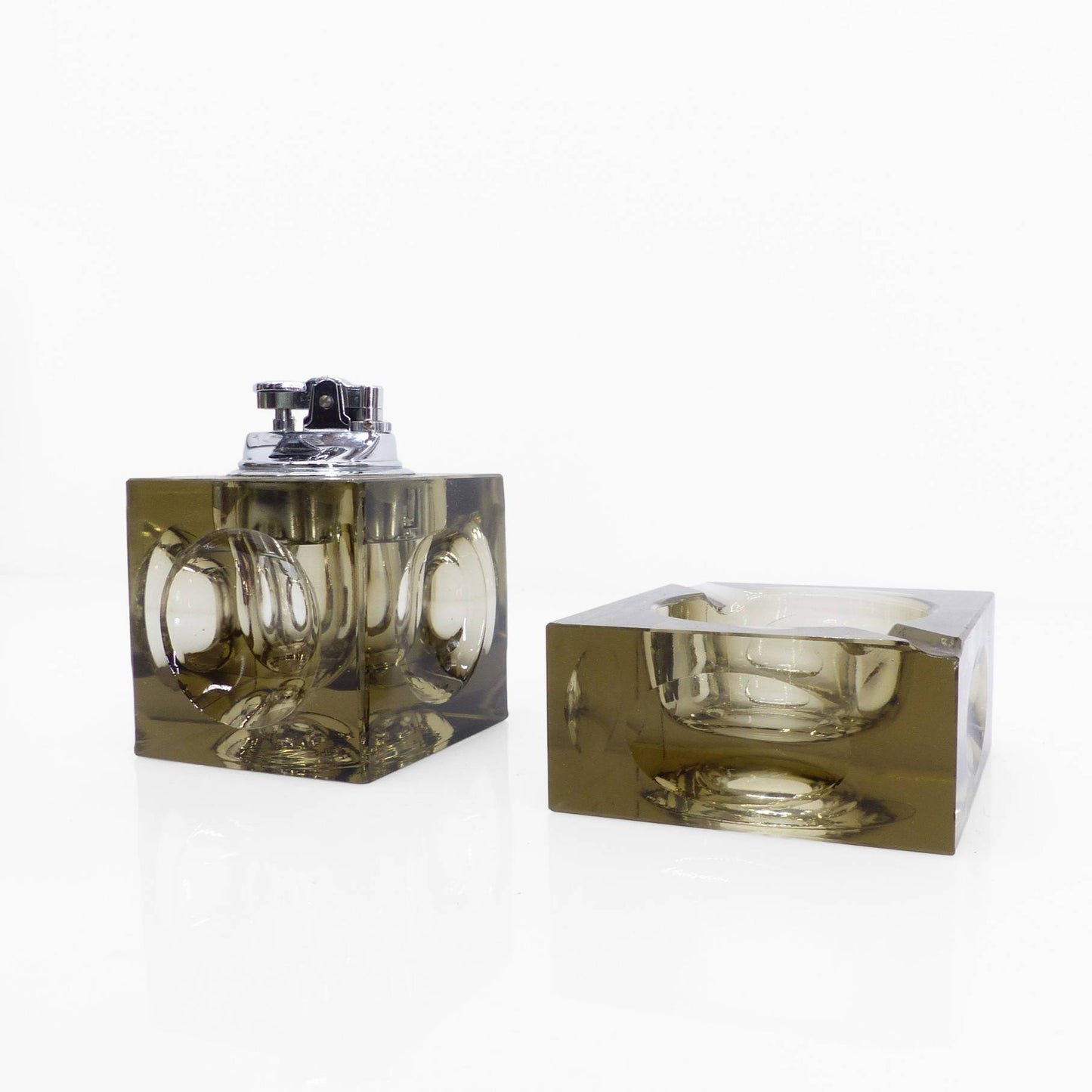 Space Age Smoked Murano Glass Ashtray and Table Lighter Set, Antonio Imperatore, Italy, 1970