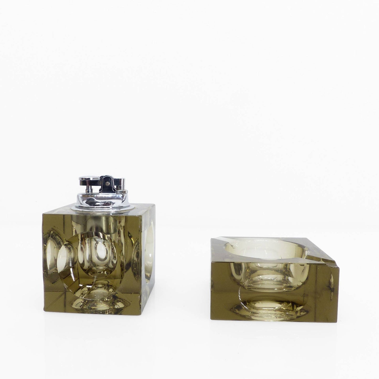 Space Age Smoked Murano Glass Ashtray and Table Lighter Set, Antonio Imperatore, Italy, 1970
