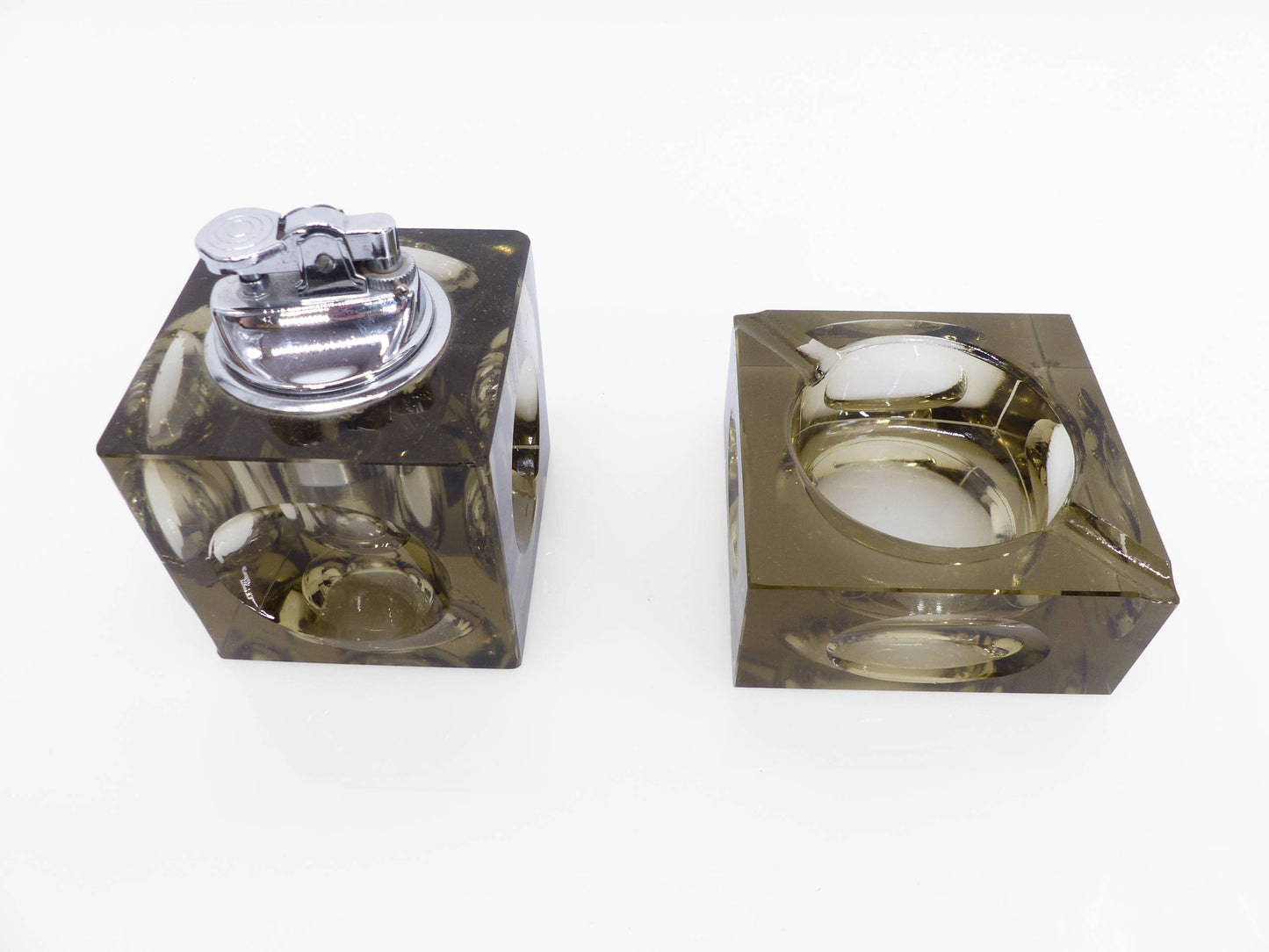 Space Age Smoked Murano Glass Ashtray and Table Lighter Set, Antonio Imperatore, Italy, 1970