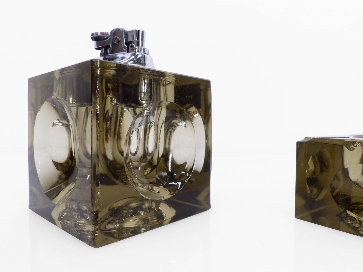 Space Age Smoked Murano Glass Ashtray and Table Lighter Set, Antonio Imperatore, Italy, 1970