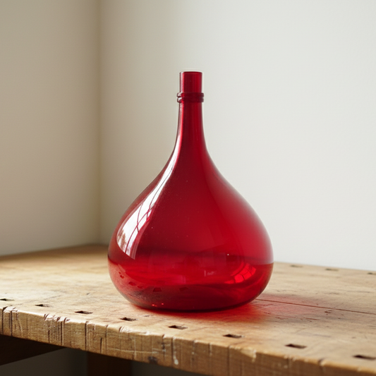 Grande dame jeanne en verre rouge rubis soufflé bouche, forme piriforme, circa 1960 – Large red ruby glass demijohn, mouth-blown, mid-century period