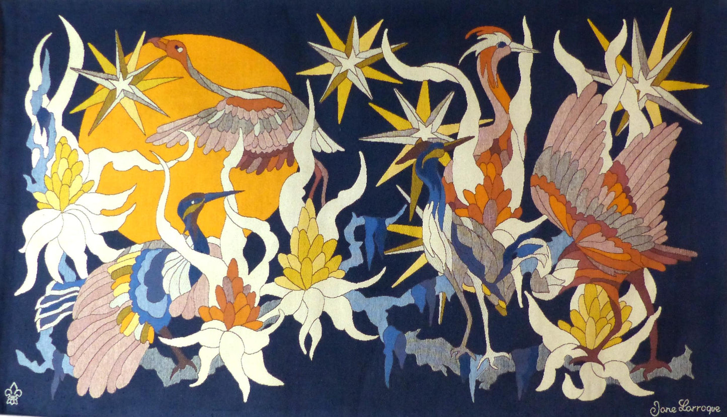 Tapisserie oiseaux au crépuscule Jane Larroque