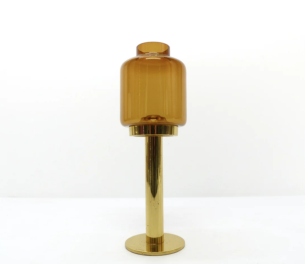 Set of 3 large Swedish brass and tinted glass candle holders by Hans-Agne Jakobsson for Markaryd, model L-102/32 "Claudia," 1960s