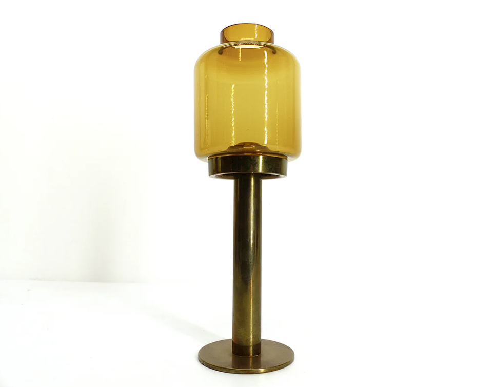 Set of 3 large Swedish brass and tinted glass candle holders by Hans-Agne Jakobsson for Markaryd, model L-102/32 "Claudia," 1960s