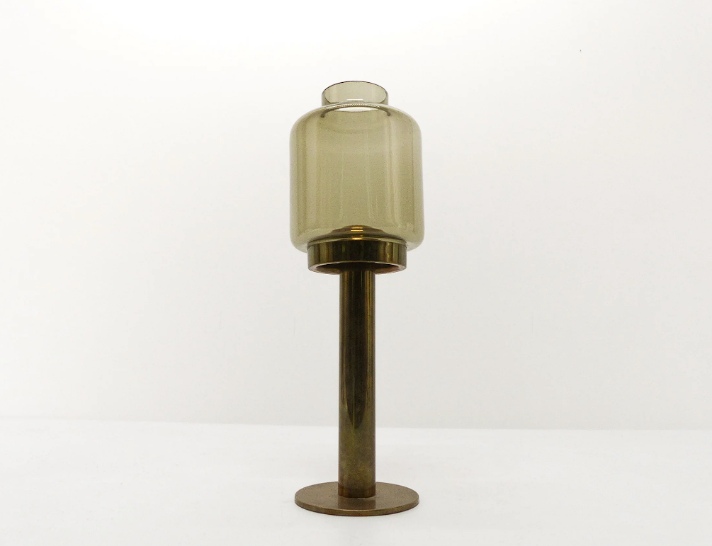 Set of 3 large Swedish brass and tinted glass candle holders by Hans-Agne Jakobsson for Markaryd, model L-102/32 "Claudia," 1960s