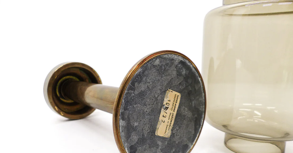 Set of 3 large Swedish brass and tinted glass candle holders by Hans-Agne Jakobsson for Markaryd, model L-102/32 "Claudia," 1960s