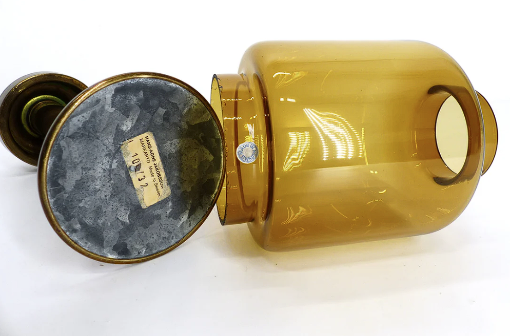 Set of 3 large Swedish brass and tinted glass candle holders by Hans-Agne Jakobsson for Markaryd, model L-102/32 "Claudia," 1960s
