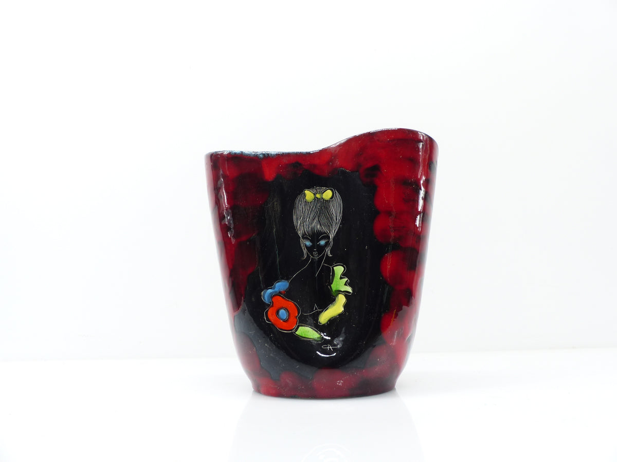 Italian Fat Lava polychrome ceramic vase with stylised young woman – 1960s