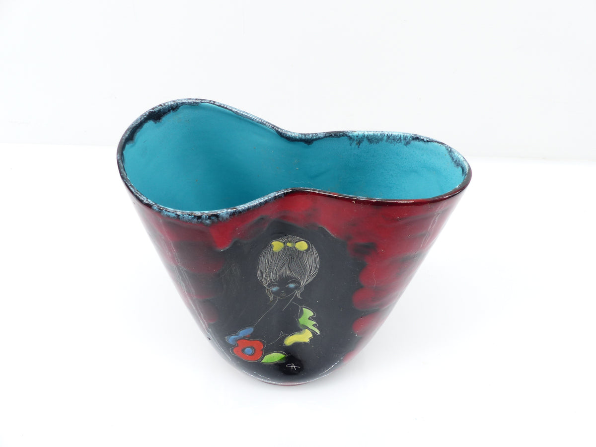 Italian Fat Lava polychrome ceramic vase with stylised young woman – 1960s