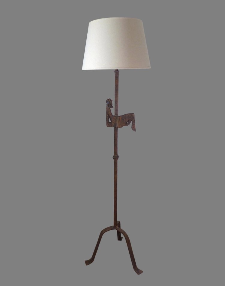 
FORGED IRON FLOOR LAMP WITH ROOSTER BY ATELIERS MAROLLES, 1950