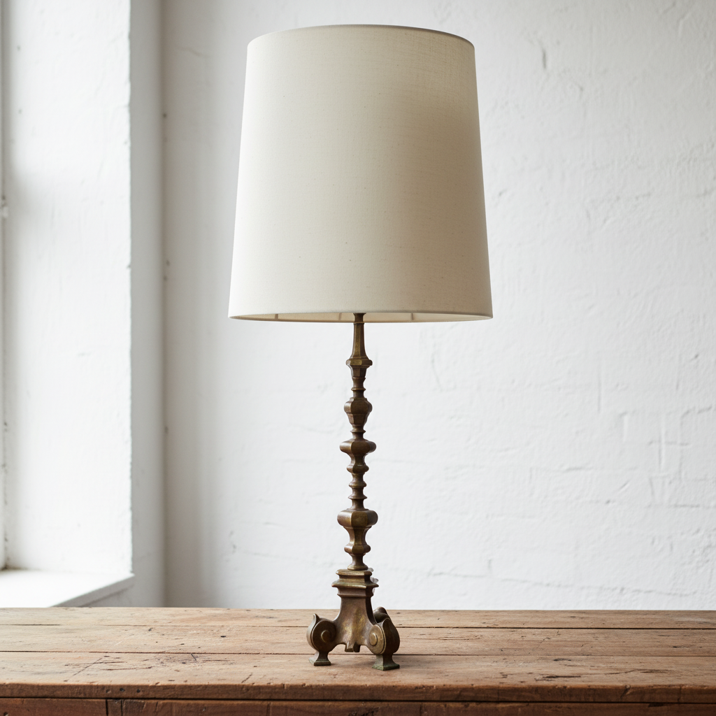 Lampe en bronze massif, base tripode à volutes, style néo-gothique, fin XIXᵉ siècle