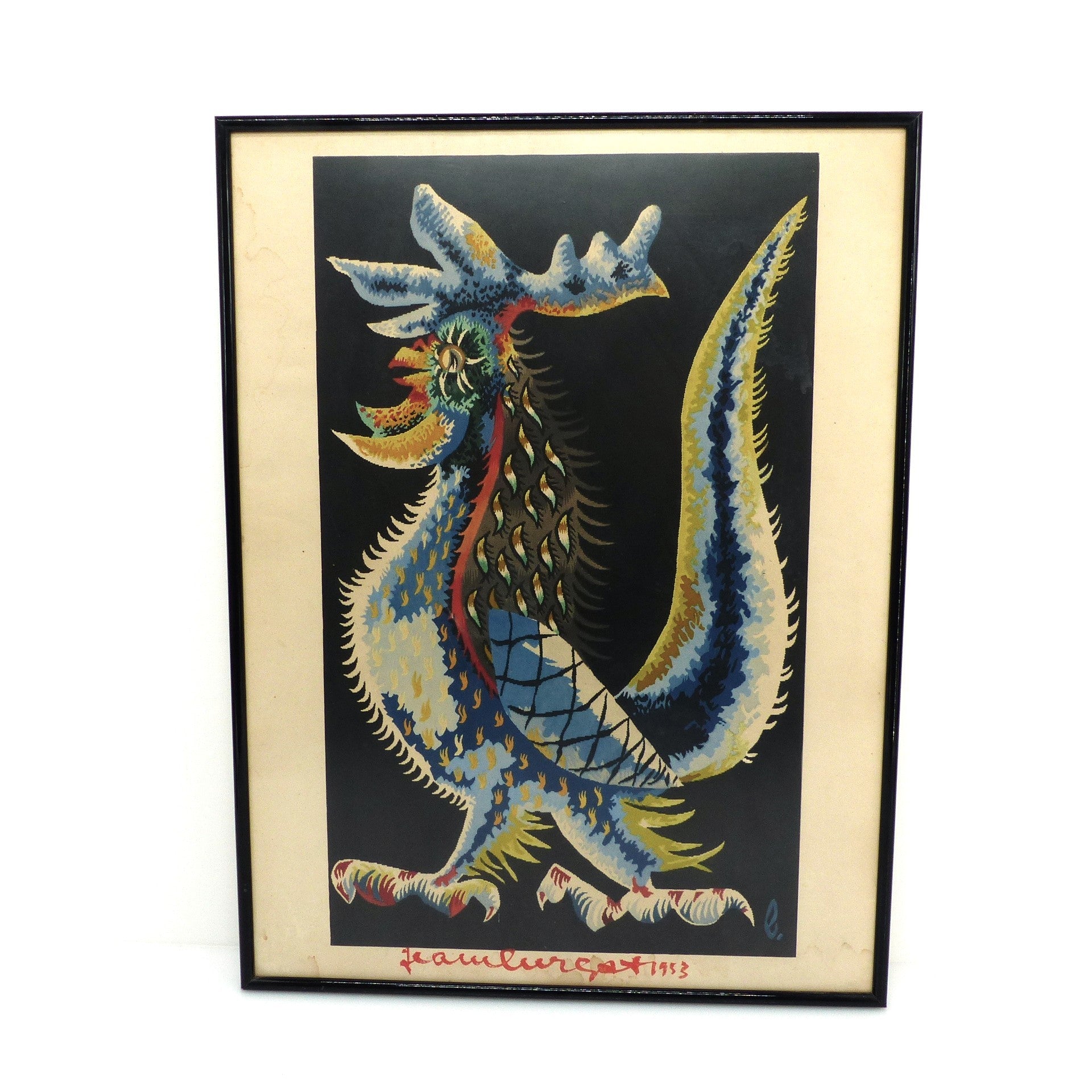 Lithographie signée à la main par Jean Lurçat, coq sabreur stylisé, 1953 – Hand-signed lithograph by Jean Lurçat, stylized sabre-wielding rooster, 1953