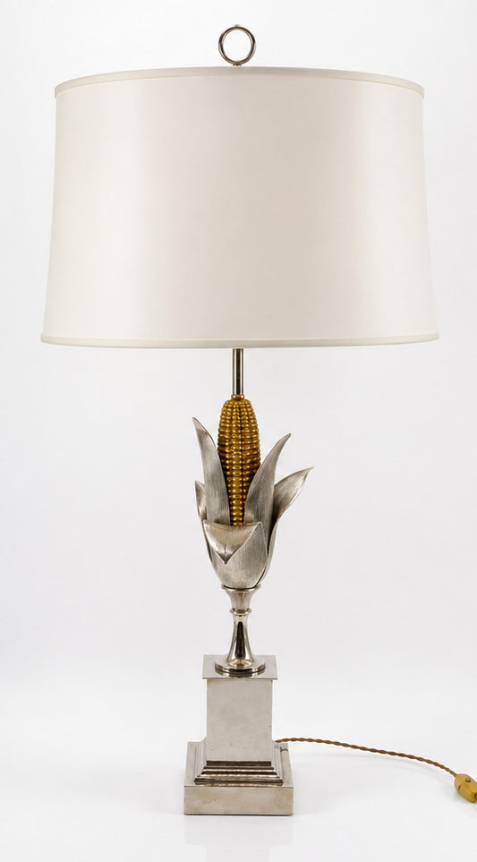 Pied de lampe Épis de maïs Maison Charles en bronze argenté et bronze doré France 1970
