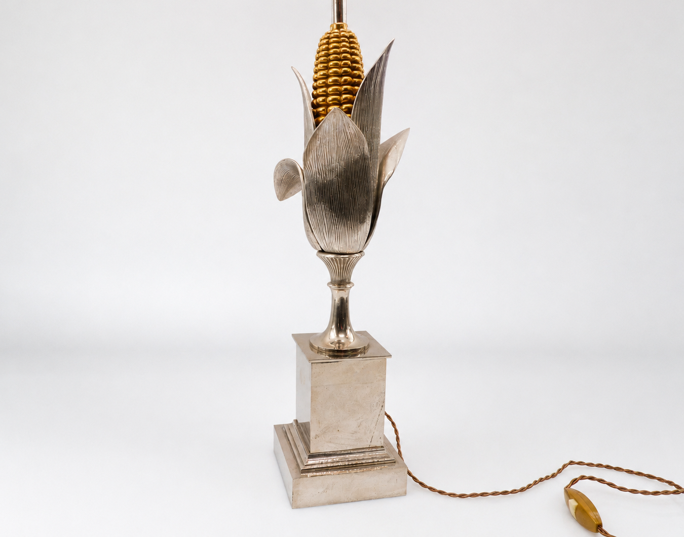 Pied de lampe Épis de maïs Maison Charles en bronze argenté et bronze doré France 1970