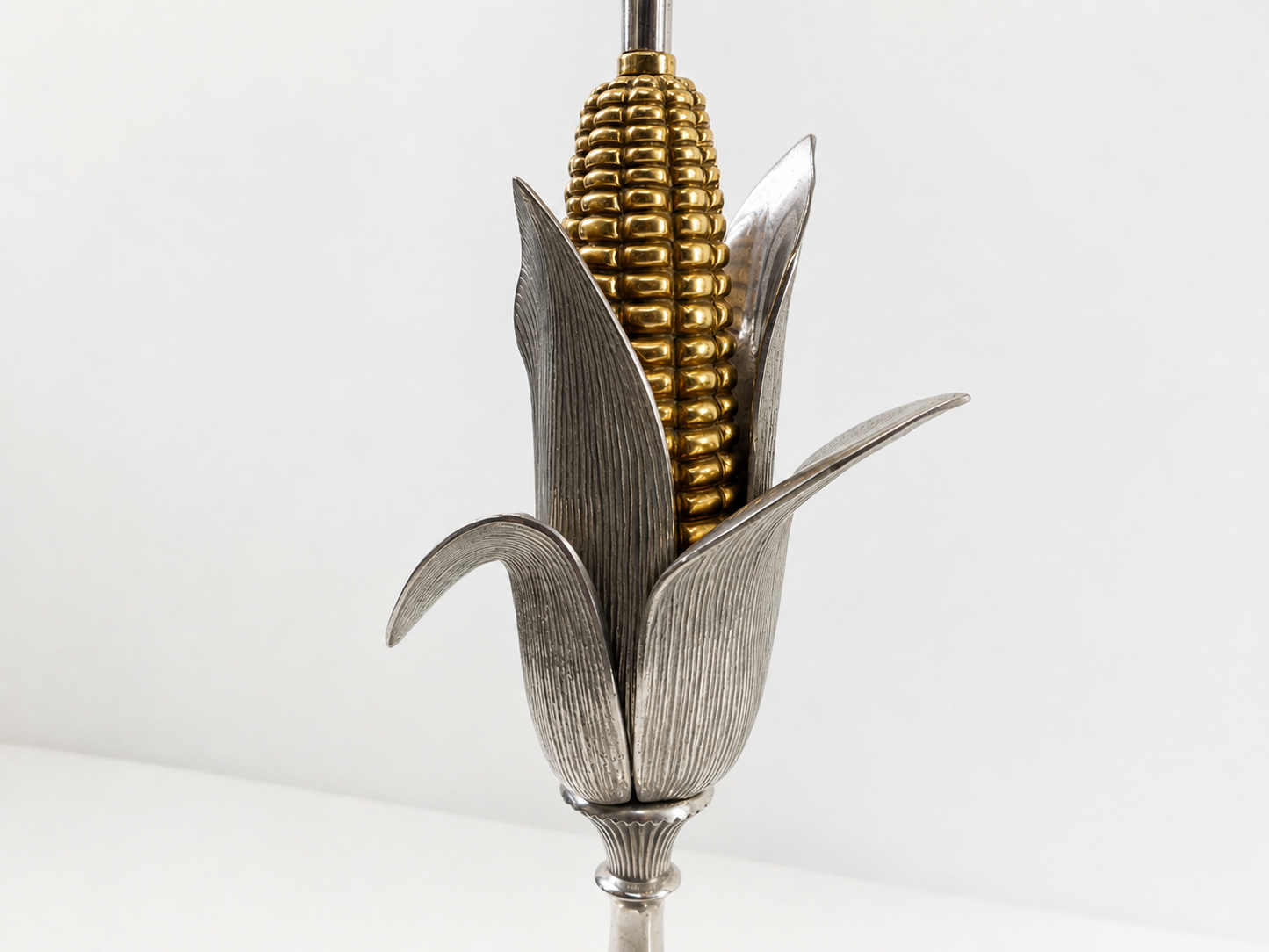 Pied de lampe Épis de maïs Maison Charles en bronze argenté et bronze doré France 1970