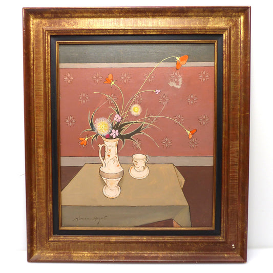 Nature morte peinte par Simon-Auguste, huile sur toile vers 1950, avec cadre doré