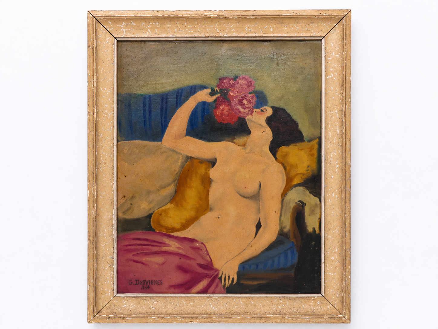 Tableau ancien huile sur toile nu féminin aux pivoines signé G. Desvignes daté 1944 École française — Antique French oil painting female nude with peonies signed G. Desvignes dated 1944