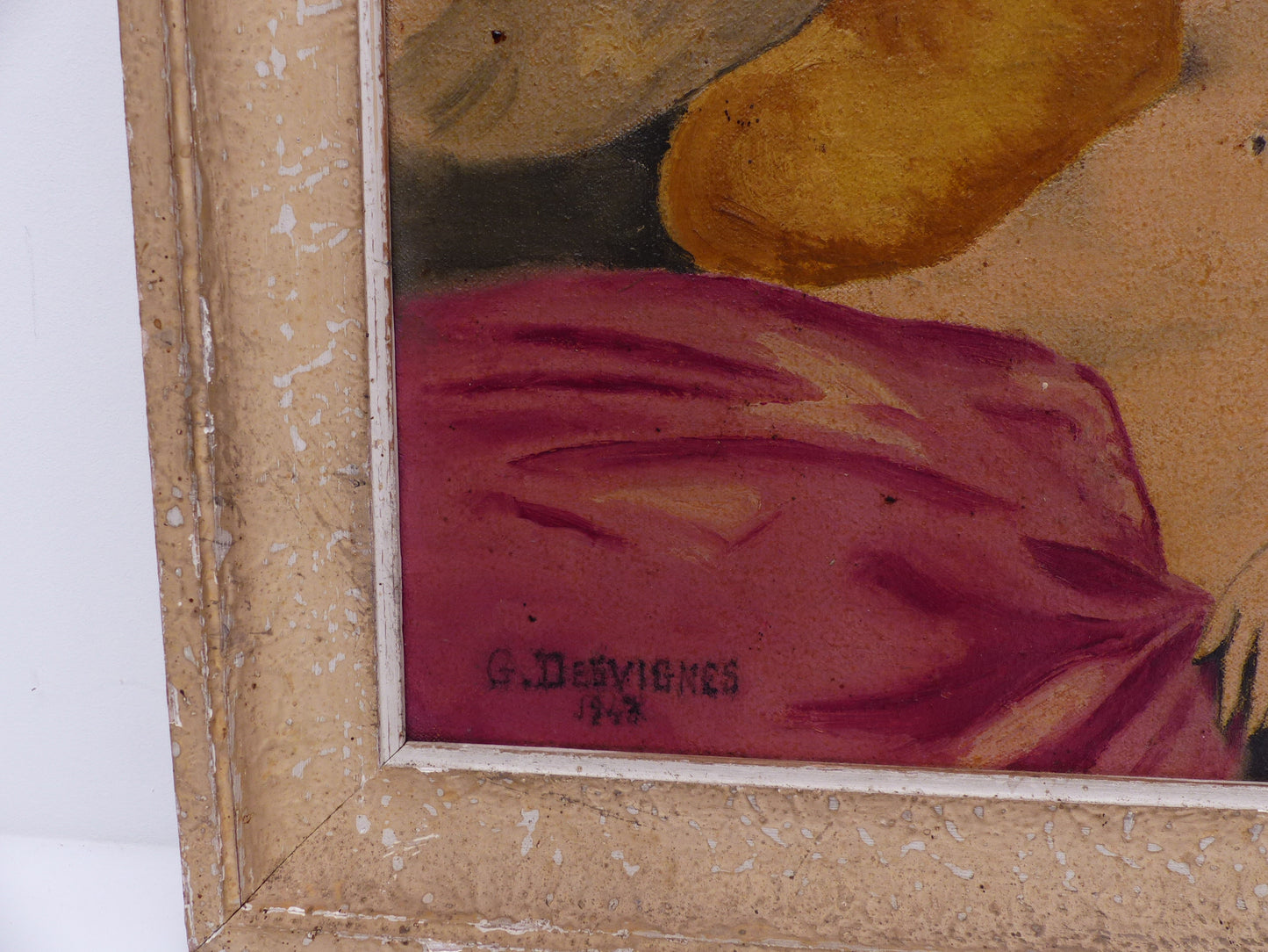 Peinture à l'huile originale représentant un nu féminin aux pivoines, signé G. Desvignes et daté 1944, École française, encadré