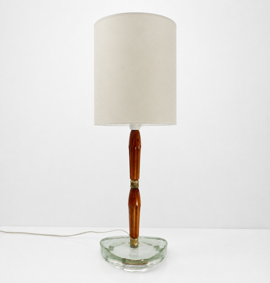 Lampe scandinave Nybro en verre aqua, bois et laiton, Suède 1960