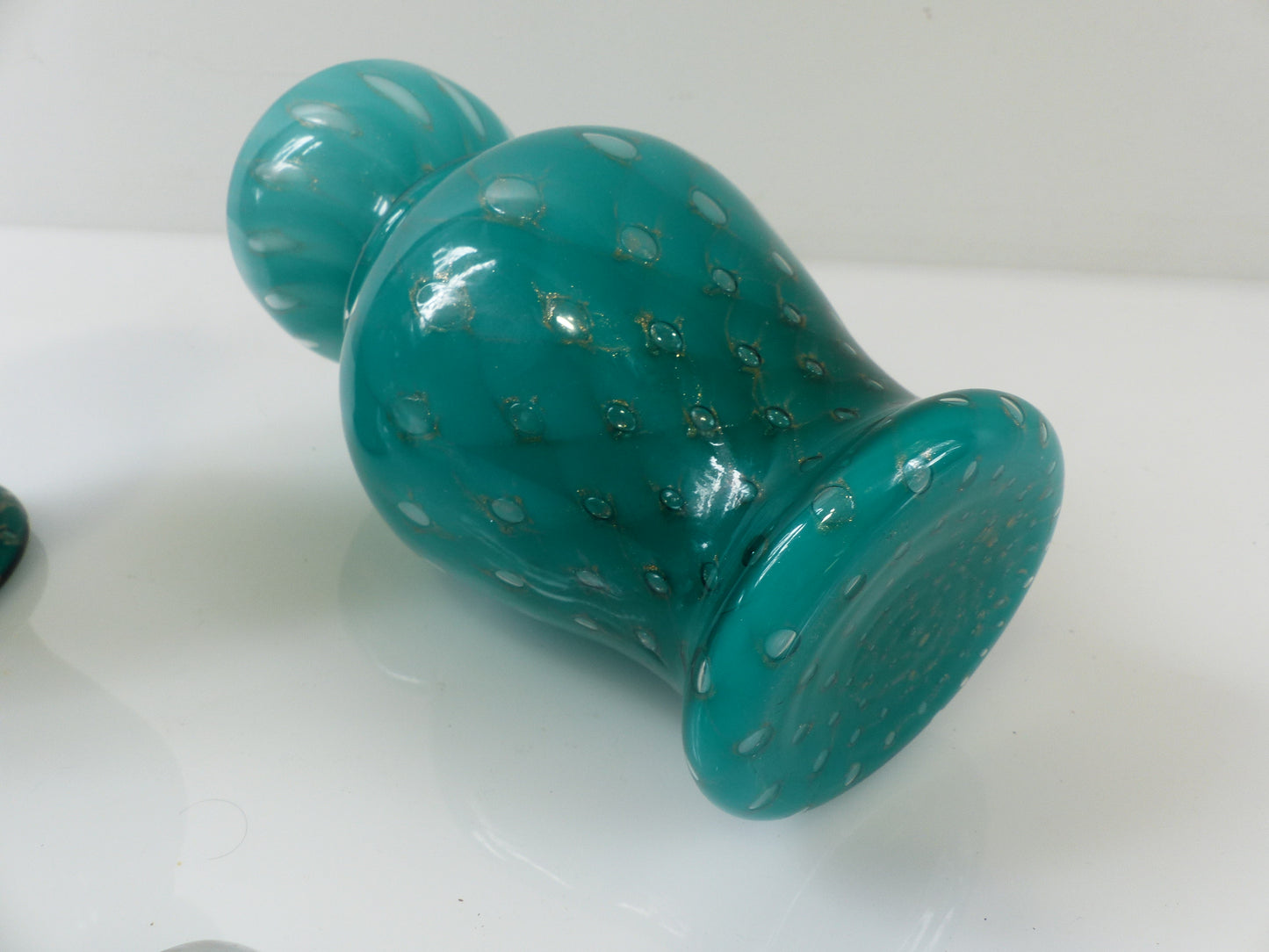 Pair of Turquoise and Gold Aventurine Covered Glass Jars, Murano – 20th Century