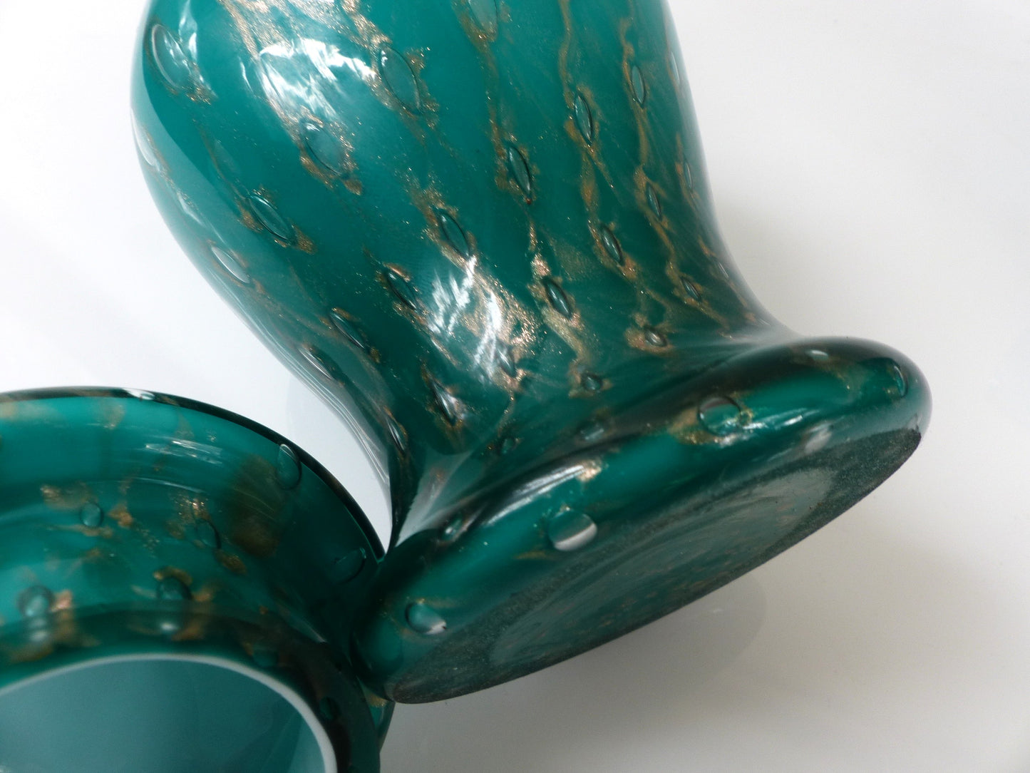 Pair of Turquoise and Gold Aventurine Covered Glass Jars, Murano – 20th Century
