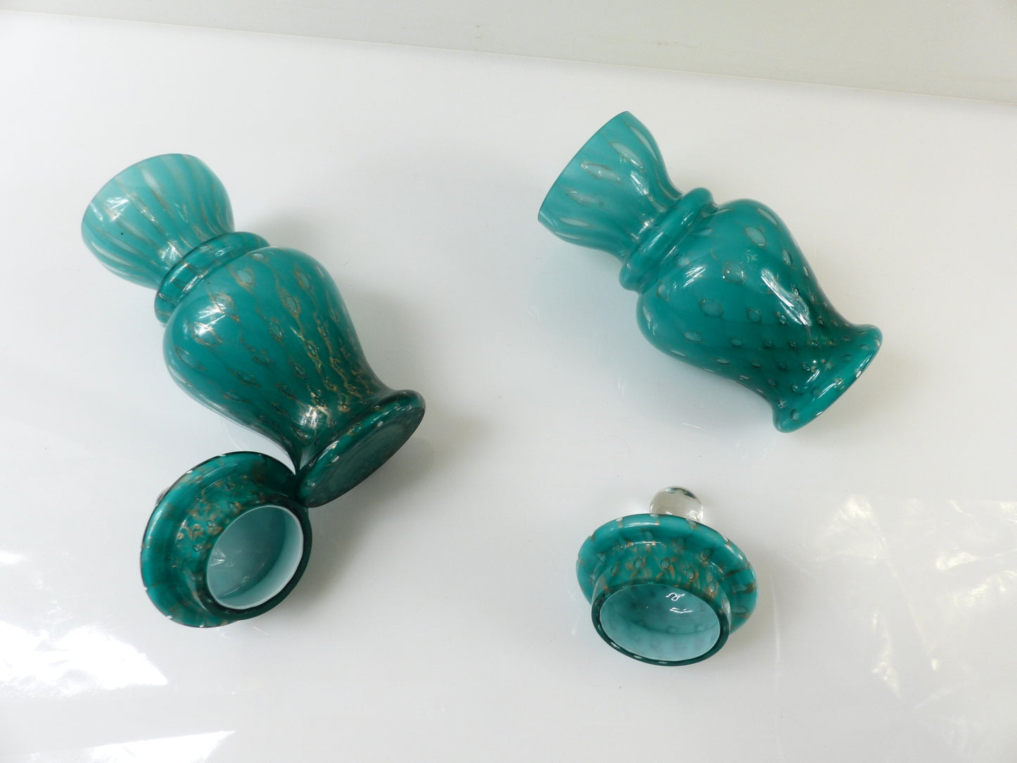 Pair of Turquoise and Gold Aventurine Covered Glass Jars, Murano – 20th Century