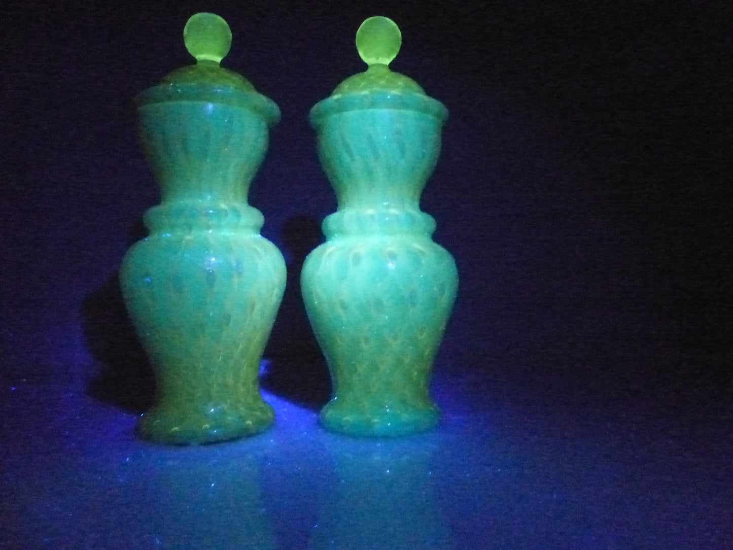 Pair of Turquoise and Gold Aventurine Covered Glass Jars, Murano – 20th Century