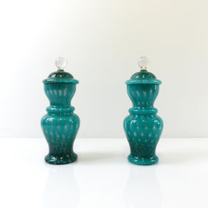 Pair of Turquoise and Gold Aventurine Covered Glass Jars, Murano – 20th Century