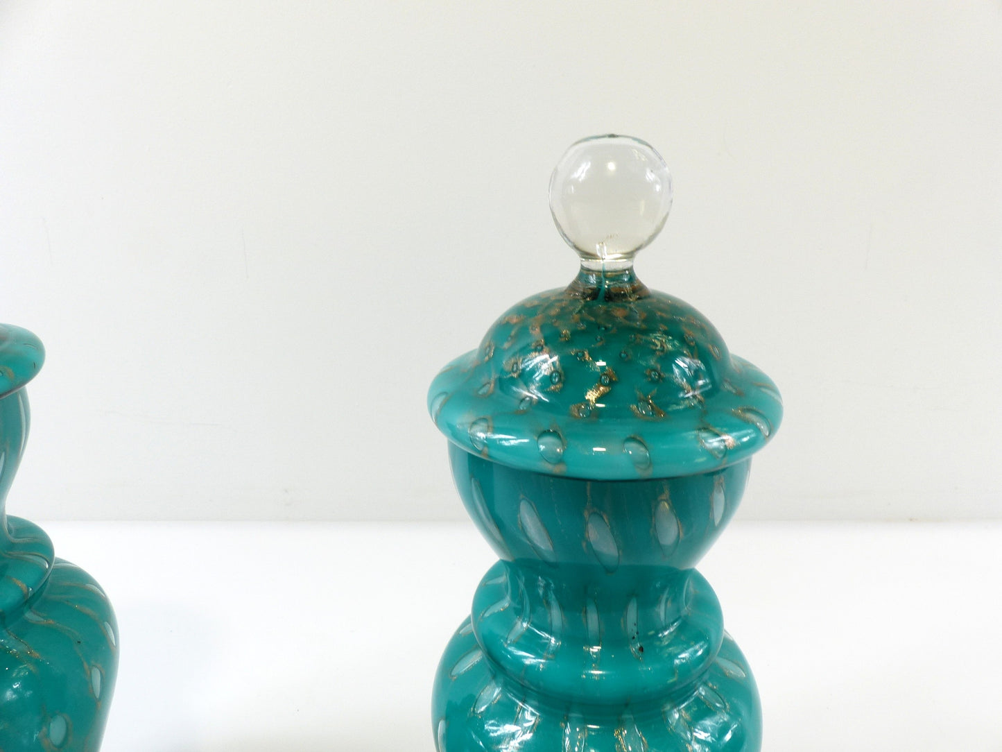 Pair of Turquoise and Gold Aventurine Covered Glass Jars, Murano – 20th Century