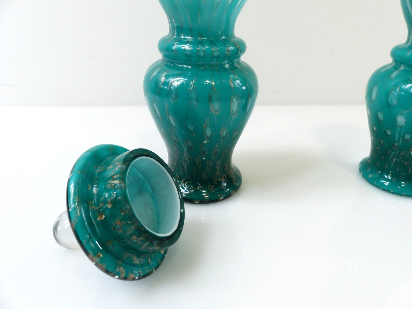 Pair of Turquoise and Gold Aventurine Covered Glass Jars, Murano – 20th Century