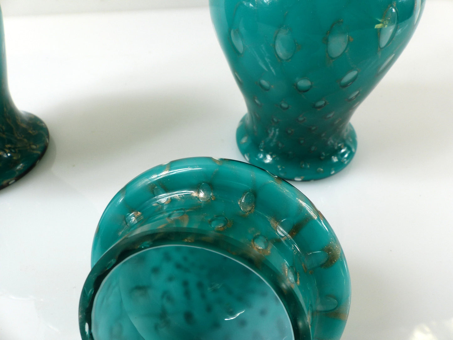 Pair of Turquoise and Gold Aventurine Covered Glass Jars, Murano – 20th Century