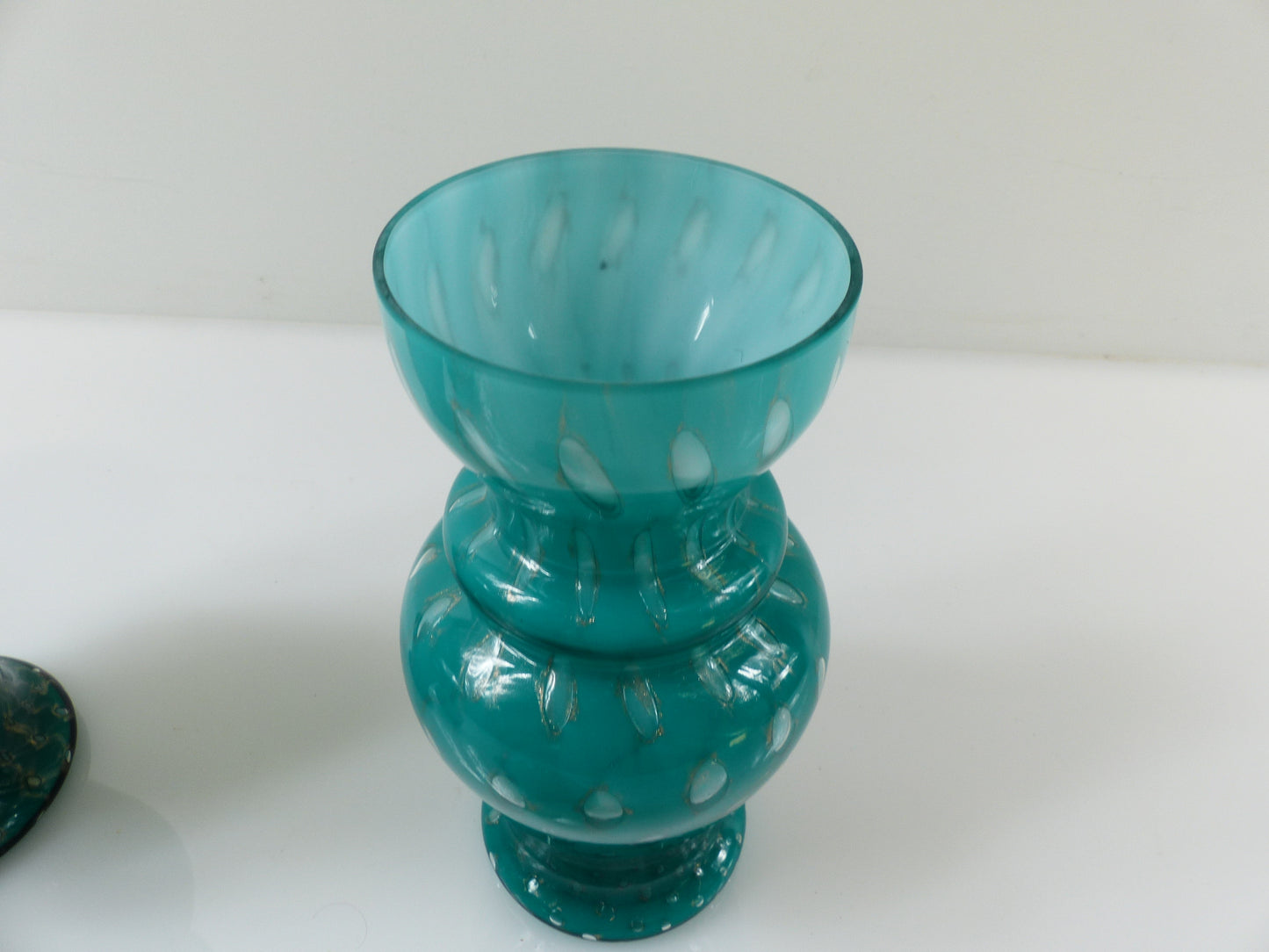 Pair of Turquoise and Gold Aventurine Covered Glass Jars, Murano – 20th Century