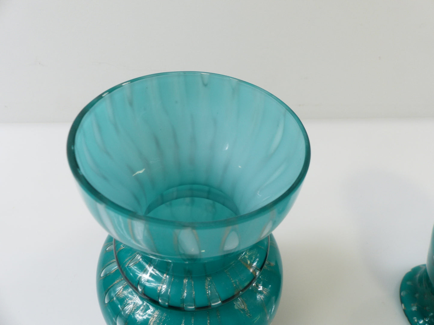 Pair of Turquoise and Gold Aventurine Covered Glass Jars, Murano – 20th Century