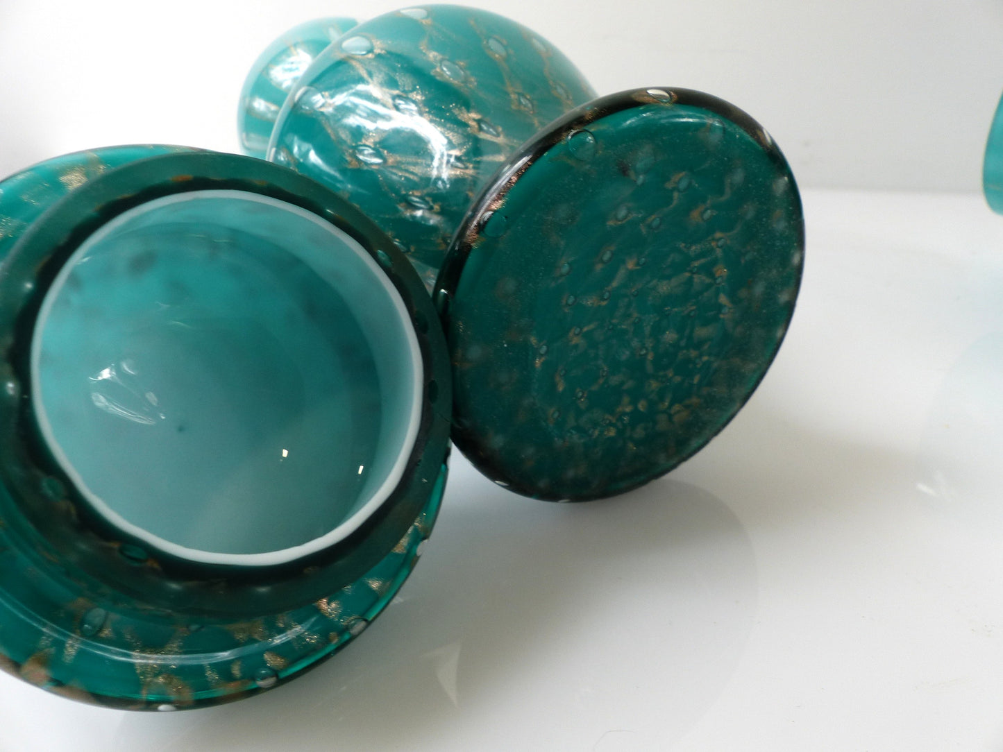Pair of Turquoise and Gold Aventurine Covered Glass Jars, Murano – 20th Century