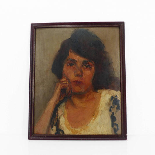 Portrait féminin signé Henri Arrault, 1925, peinture sur panneau dans un esprit moderniste.
Signed 1925 female portrait by Henri Arrault, painted on panel in a modernist spirit.