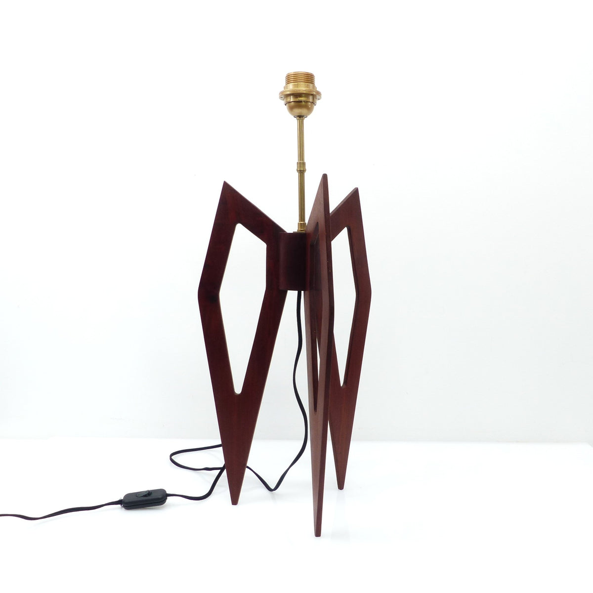 Large Sculptural Tripod Table Lamp in Stained Wood, Compass-Style Lines – 1960s–70s
