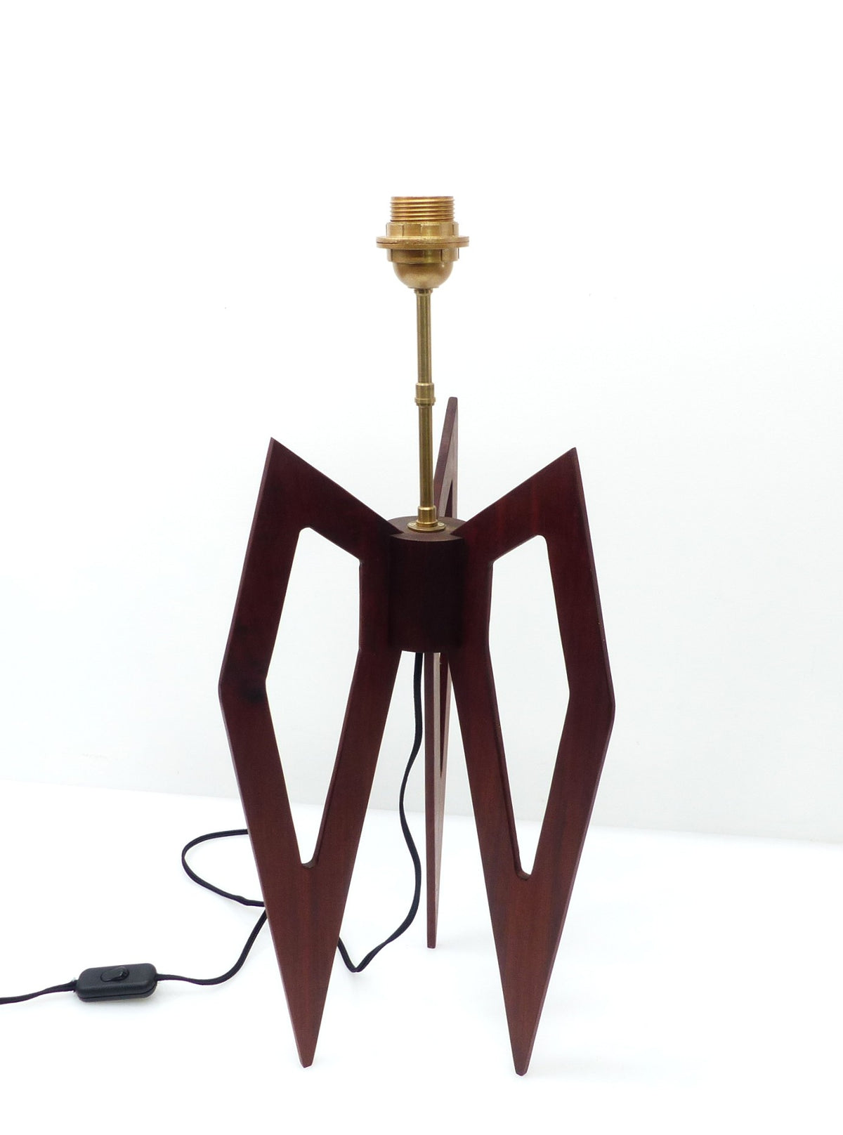 Large Sculptural Tripod Table Lamp in Stained Wood, Compass-Style Lines – 1960s–70s