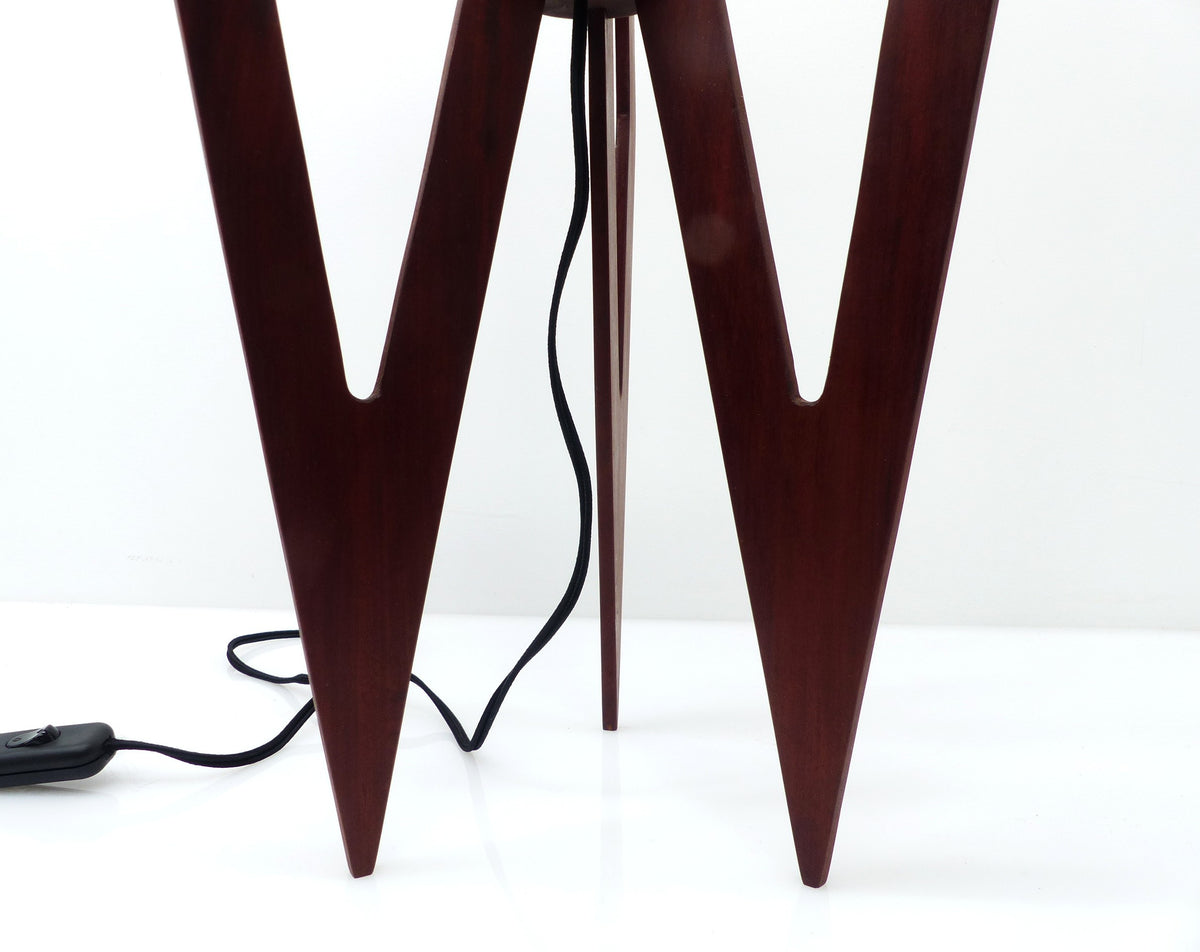Large Sculptural Tripod Table Lamp in Stained Wood, Compass-Style Lines – 1960s–70s