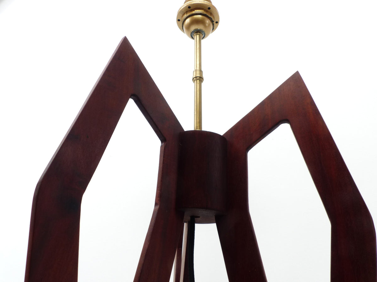 Large Sculptural Tripod Table Lamp in Stained Wood, Compass-Style Lines – 1960s–70s