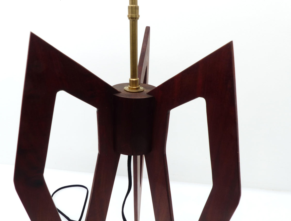 Large Sculptural Tripod Table Lamp in Stained Wood, Compass-Style Lines – 1960s–70s