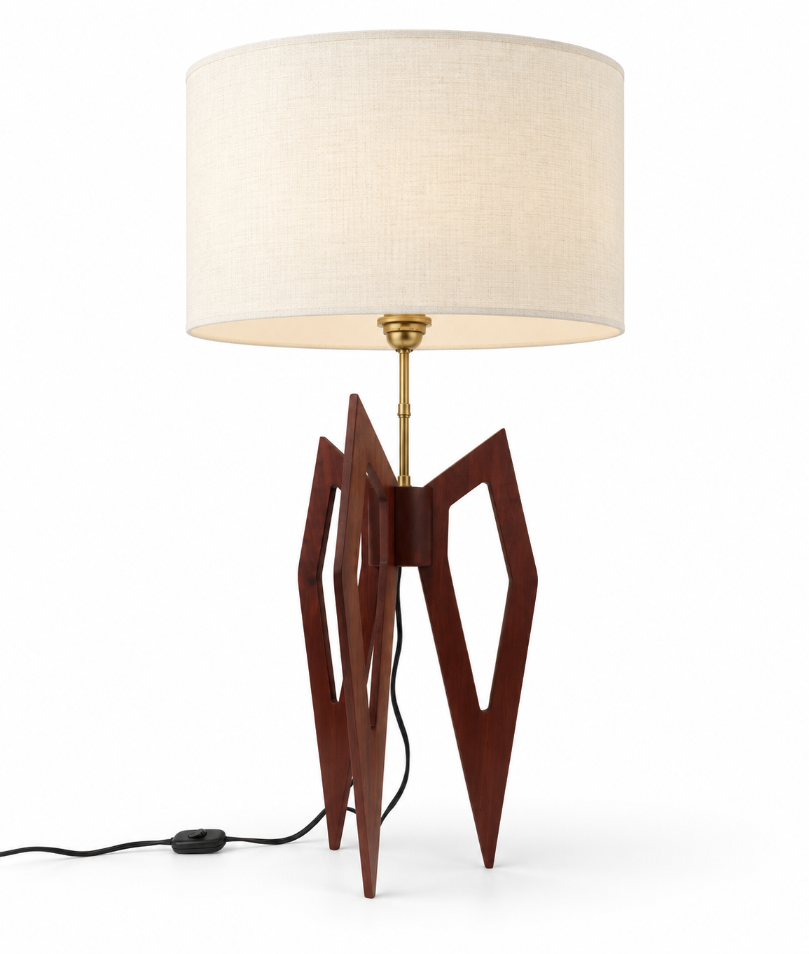 Large Sculptural Tripod Table Lamp in Stained Wood, Compass-Style Lines – 1960s–70s