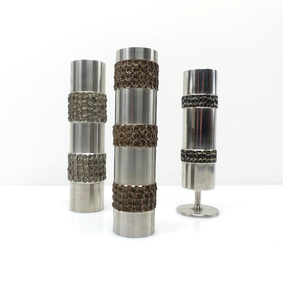 Ensemble de trois vases brutalistes BMF en métal – Allemagne, années 1970