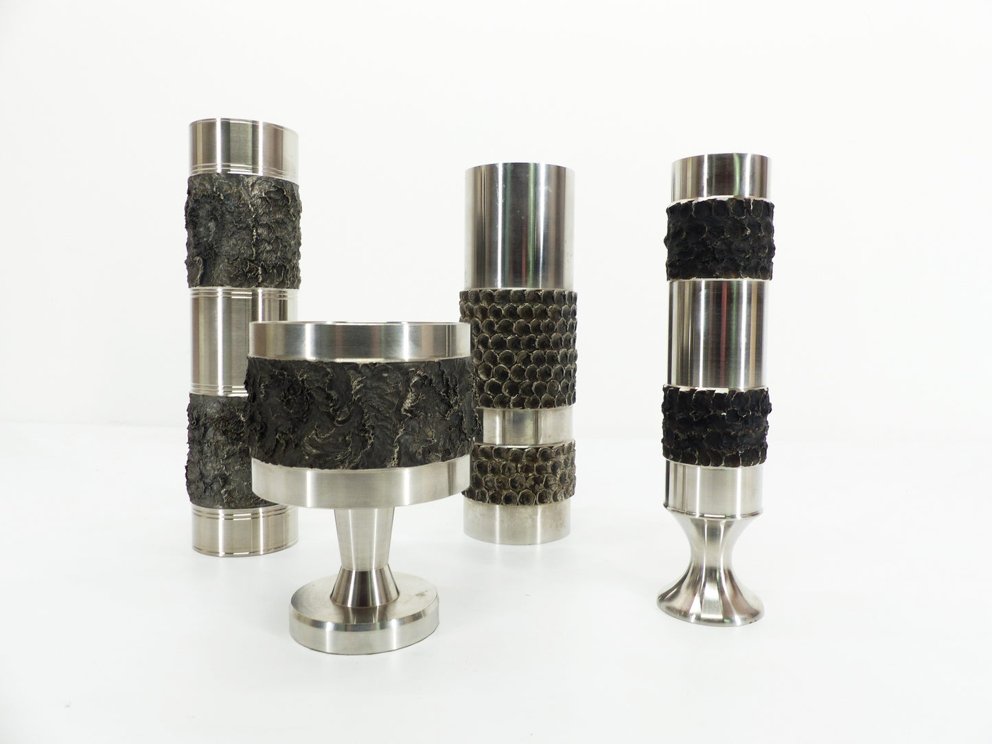 Set de 4 vases brutalistes en acier inoxydable, BMF, Allemagne 1970