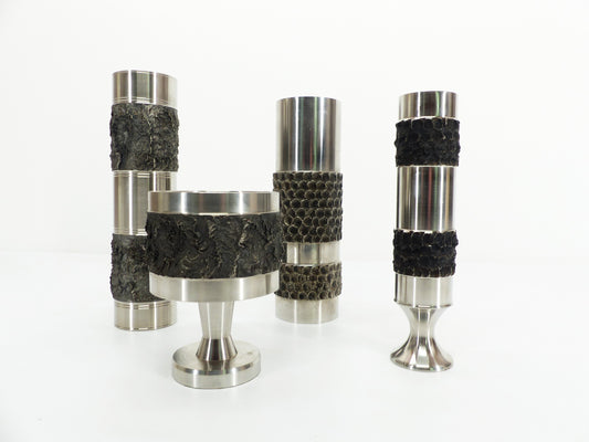 Set de 4 vases brutalistes en acier inoxydable, BMF, Allemagne 1970