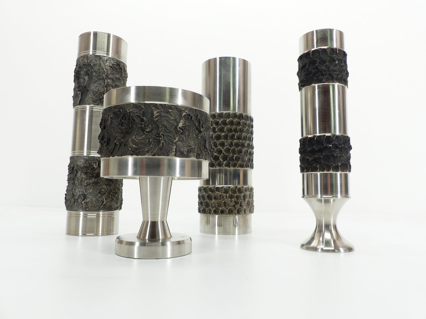 Set de 4 vases brutalistes en acier inoxydable, BMF, Allemagne 1970