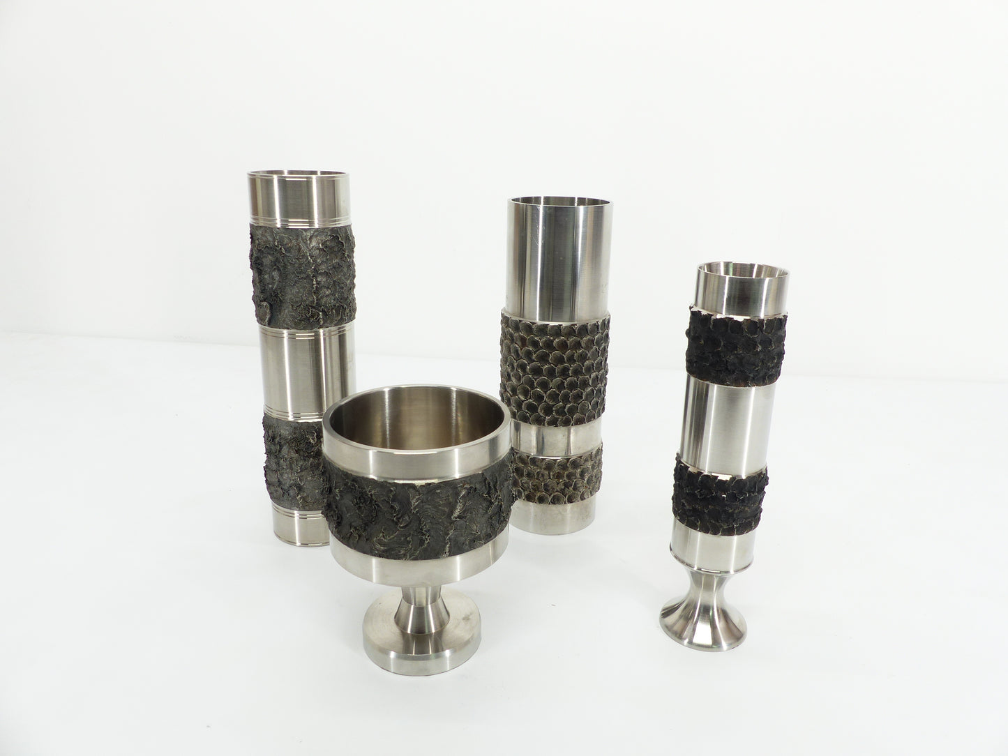 Set de 4 vases brutalistes en acier inoxydable, BMF, Allemagne 1970