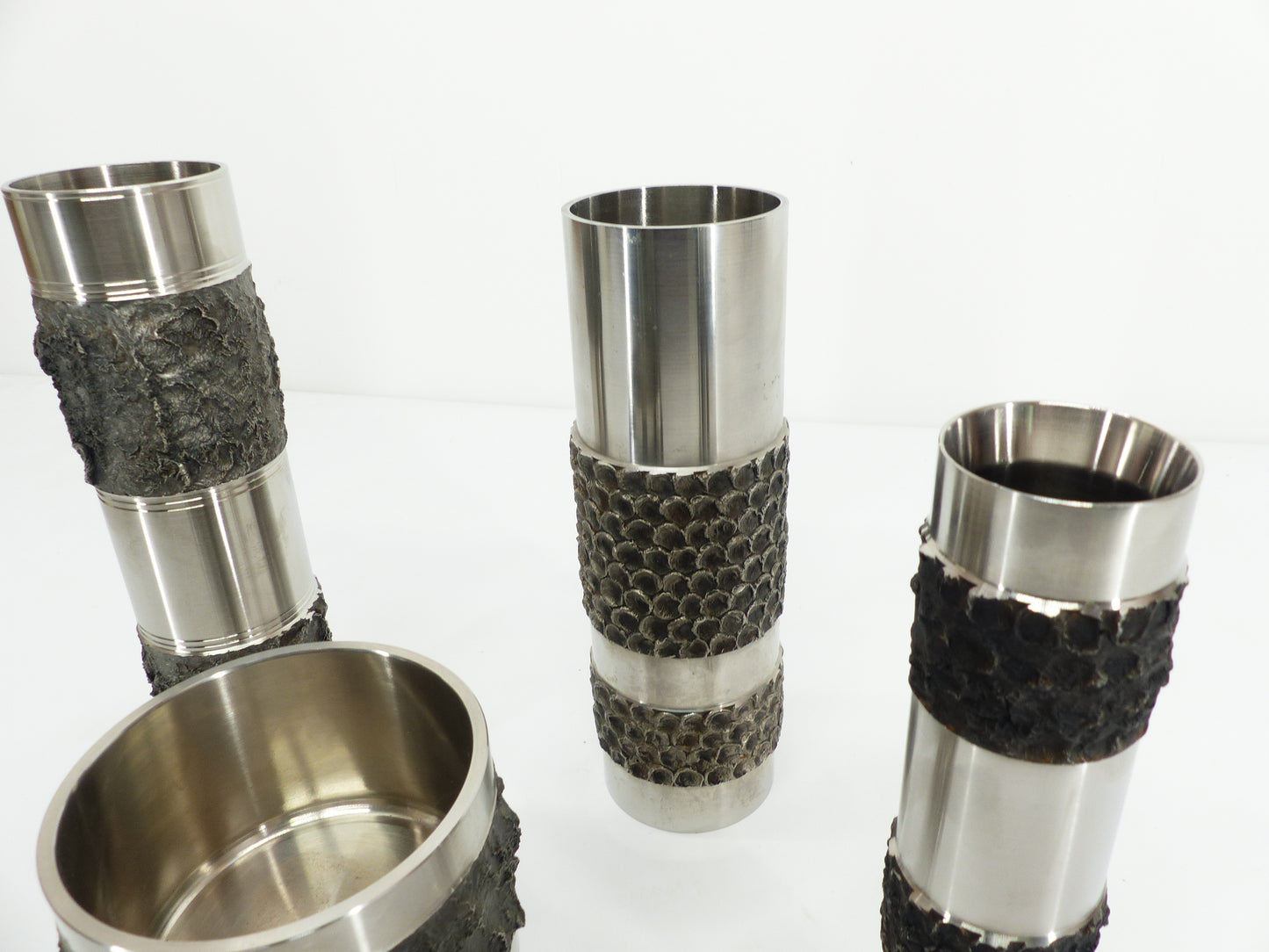 Set de 4 vases brutalistes en acier inoxydable, BMF, Allemagne 1970