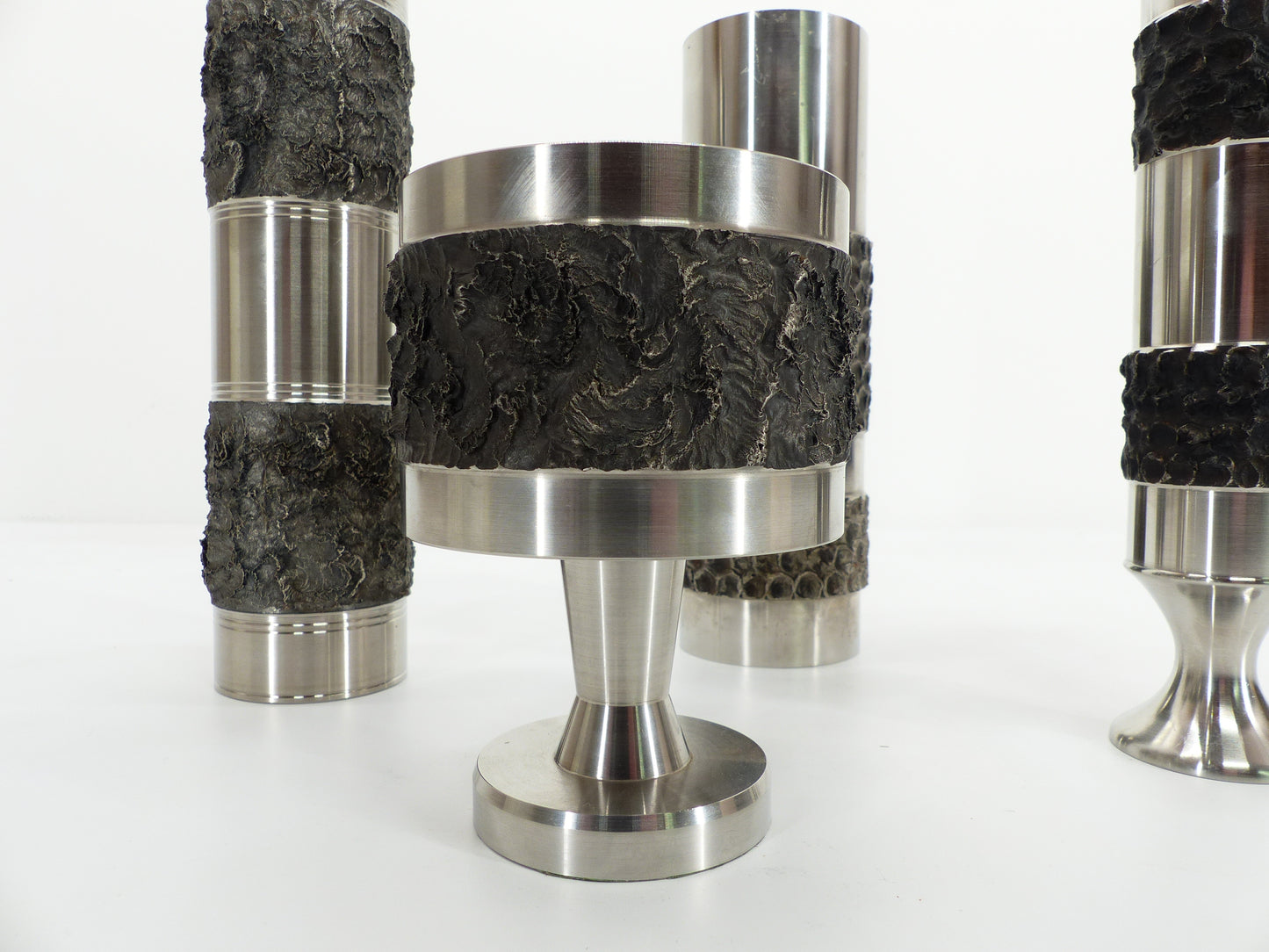 Set de 4 vases brutalistes en acier inoxydable, BMF, Allemagne 1970