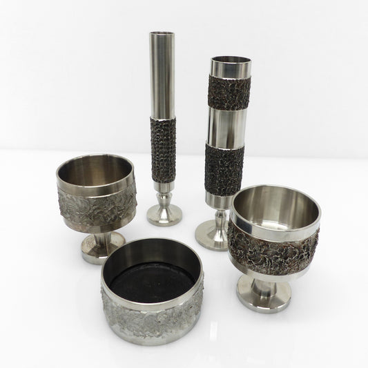 Set de 5 vases et coupes brutalistes en acier chromé, travail allemand, années 1970 / Set of 5 brutalist chrome steel vases and bowls, German work, 1970s